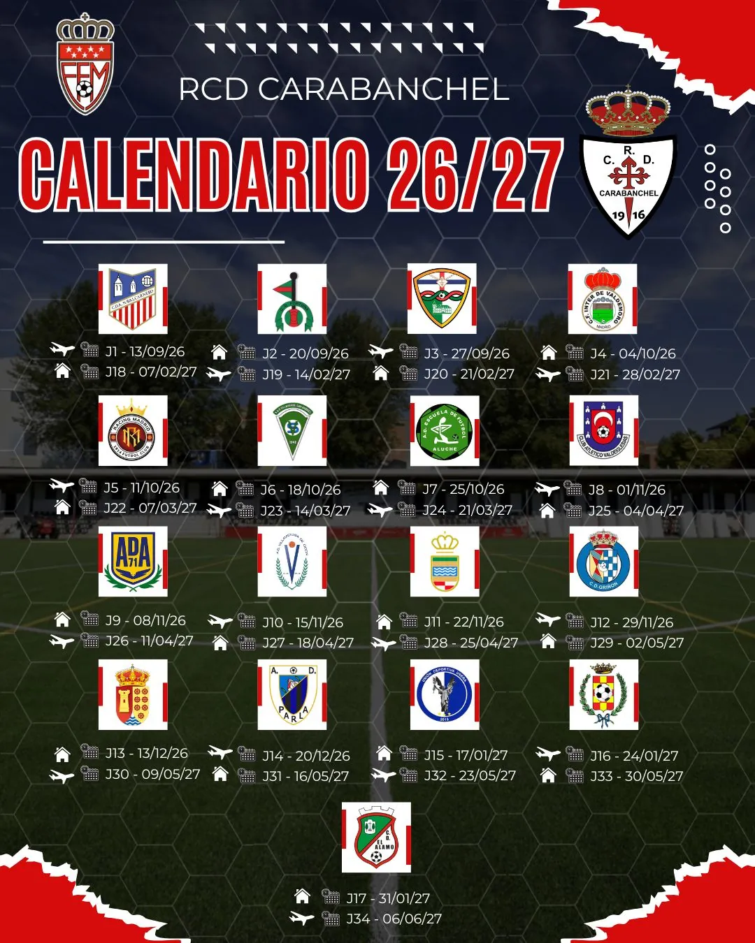 Cartel del calendario 2026/27 del RCD Carabanchel con los escudos de los rivales y las fechas de cada jornada