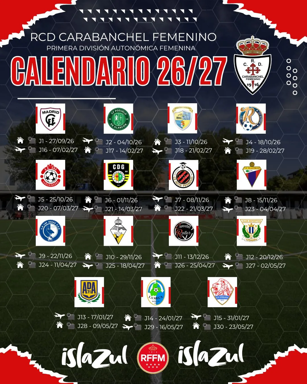 Cartel del calendario 2026/27 del RCD Carabanchel Femenino con los escudos de los rivales y las fechas de cada jornada