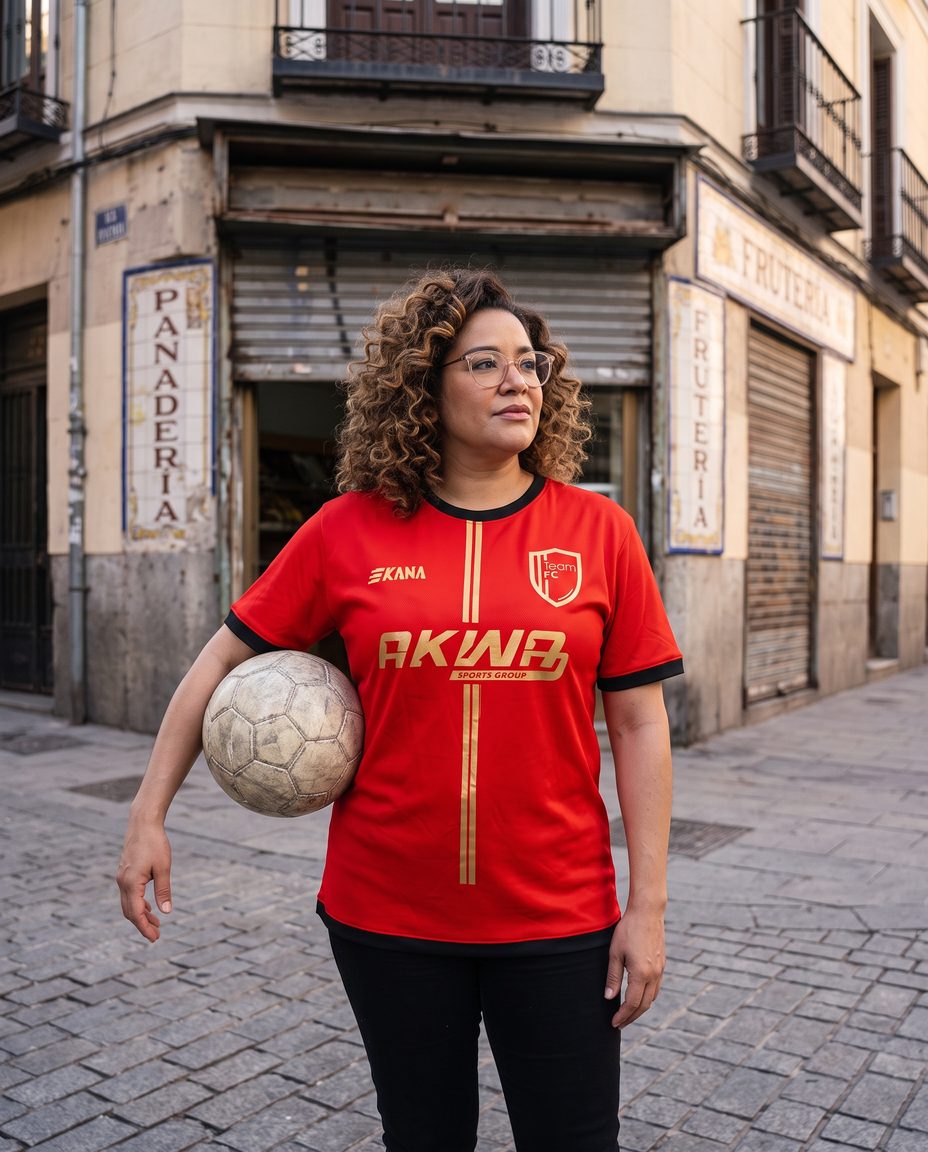 Una mujer con una camiseta roja y dorada de torneo hecha para otro club, con un balón bajo el brazo, delante de una tienda del barrio