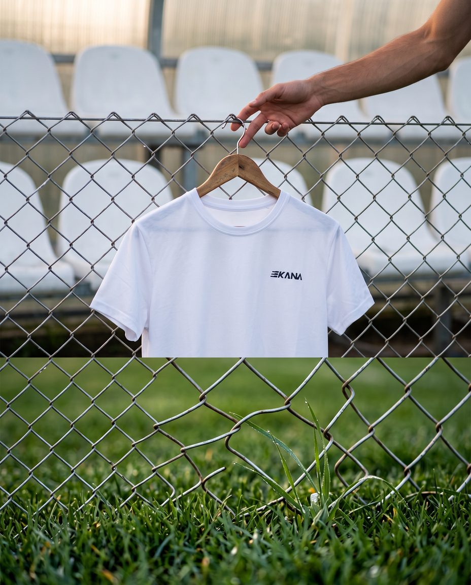 Una camiseta blanca de torneo colgada de una percha de madera en la valla de un campo, con la grada detrás