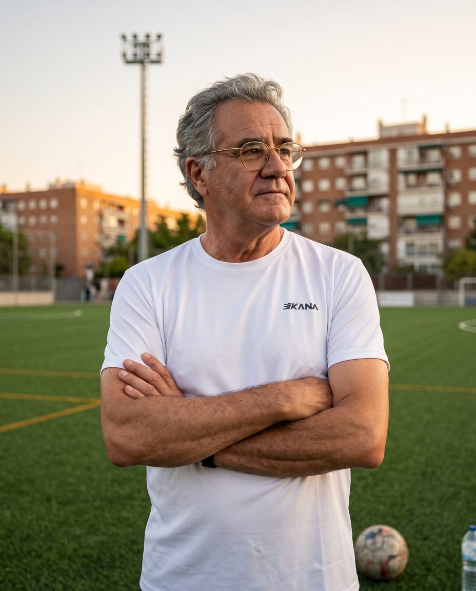 Un hombre de brazos cruzados con una camiseta blanca de torneo, en un campo de fútbol al atardecer
